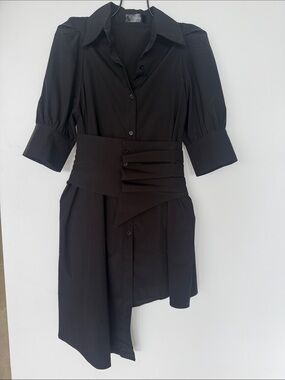 Black Asymmetrical Shirt Dress with Wide Waist Panel by